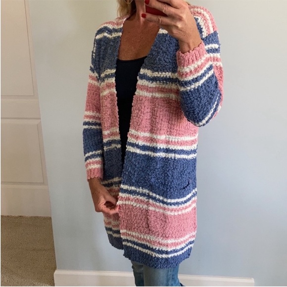 Pink, Blue & Off White Stripe Popcorn Texture Open Cardigan - Picture 4 of 10